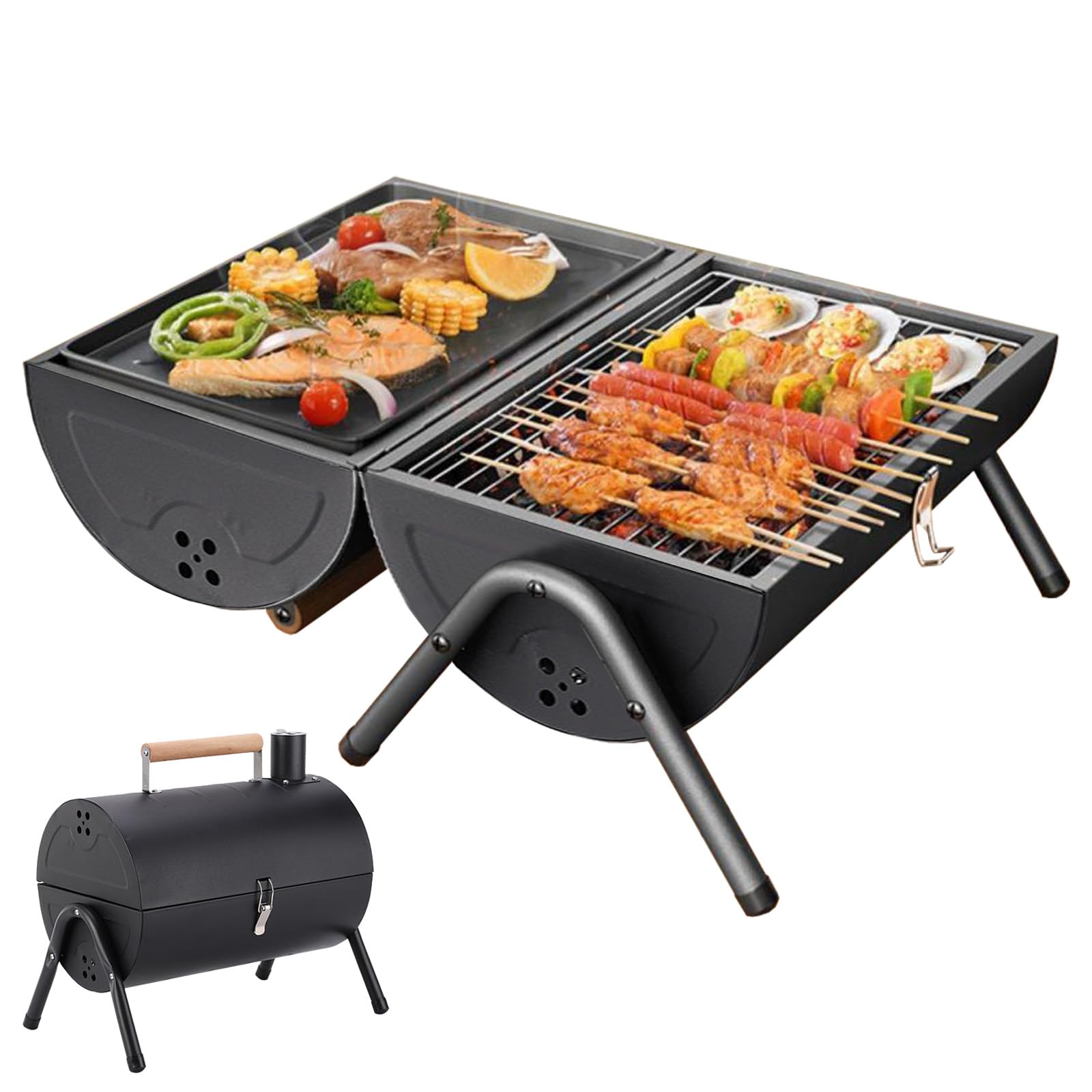 Barbecue au charbon de bois double face portable - Petit barbecue au charbon de bois pour griller et rôtir - Barbecue de table léger pour l'extérieur, le camping, le pique-nique