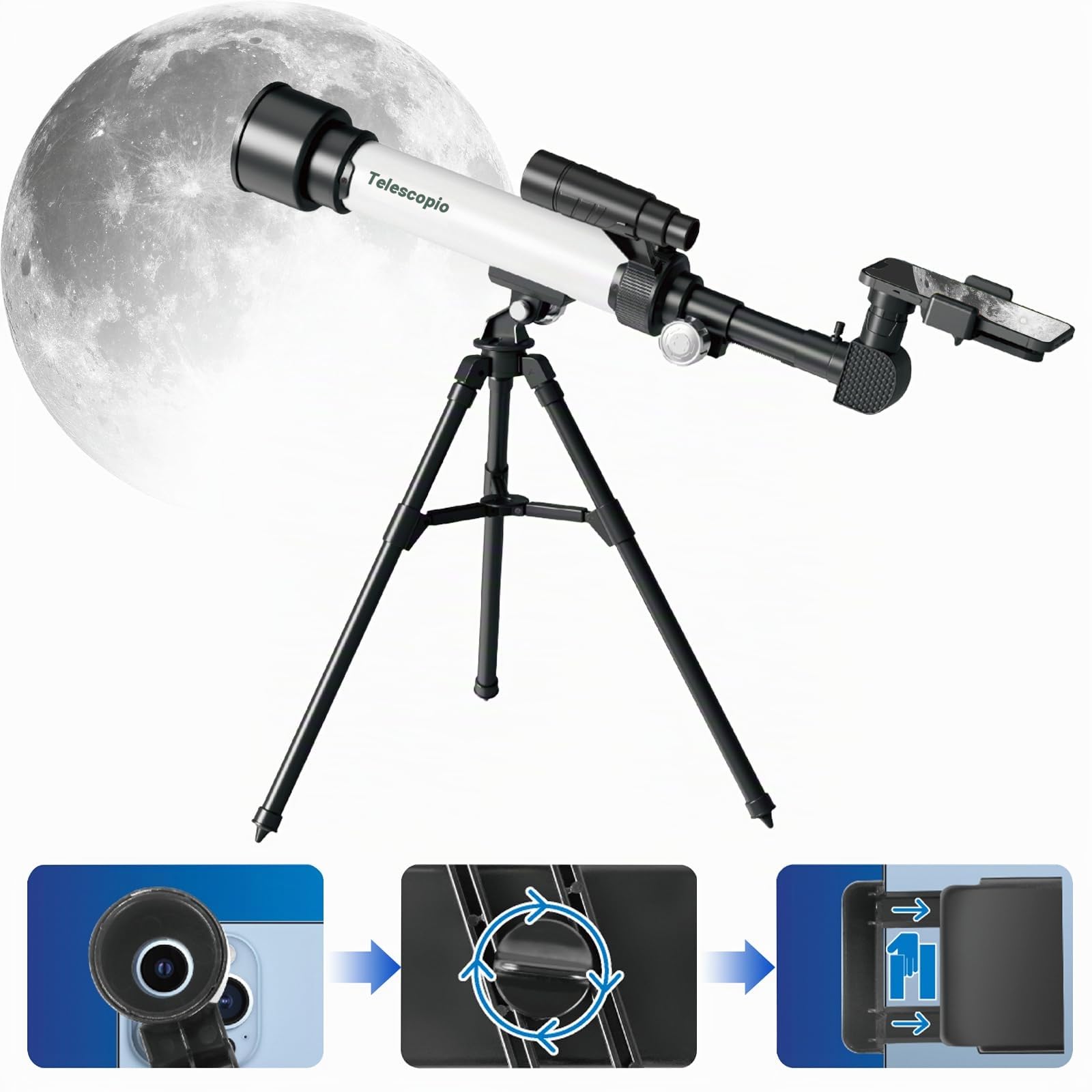 Telescopio Astronomico per Principianti Adulti Apertura 50 mm/500 mm, Telescopio Optics Rifrattore Portatile da Viaggio 30X/60X con Treppiede Regolabile