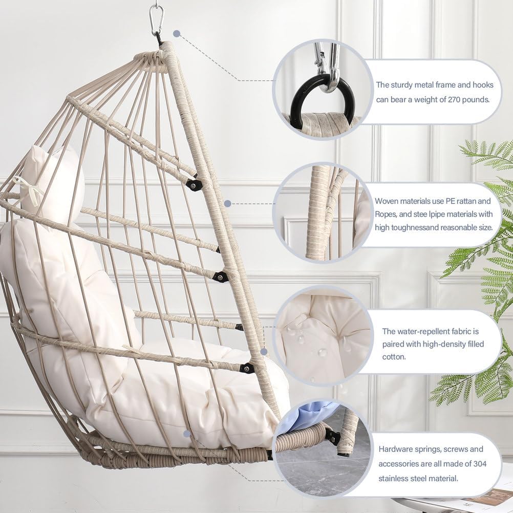 Hanging Egg Chair Without Stand – Foldable Rattan Wicker Swing Chair with Cushion & Headrest, 350lbs Capacity, Ceiling/Tree Mount Kit Included for Indoor Outdoor Use,White