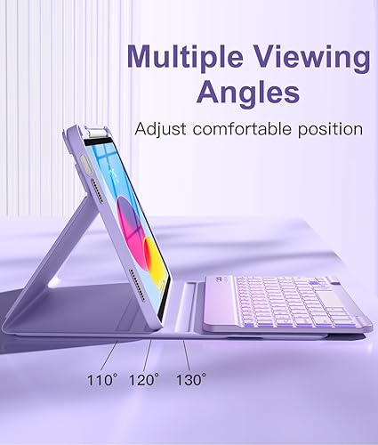 Miniatura 5 de Hamile Funda para iPad de 10. generación con teclado de 10.9 pulgadas, 7 colores retroiluminados, inalámbrico, desmontable, con soporte para lápiz,