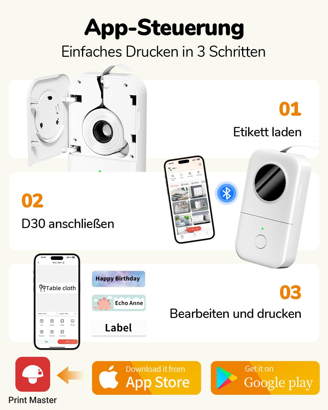 Phomemo D30 Miniurządzenie do drukowania samoprzylepnych etykiet, Bluetooth, drukarka etykiet, odpowiednia do domu, szkoły, biura, drukarka etykiet do smartfonów i tabletów - biała