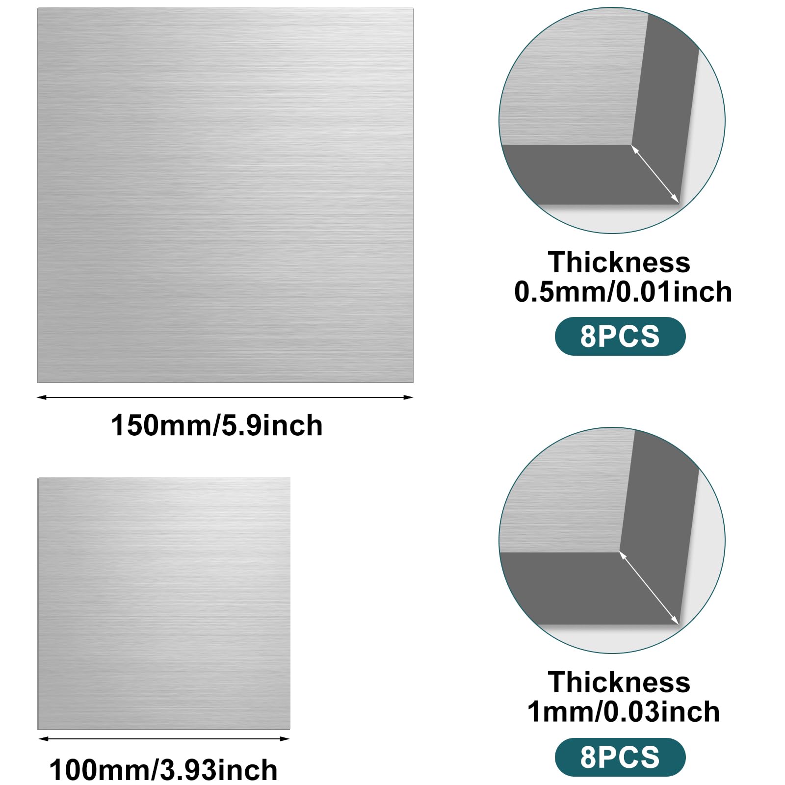 Lot de 16 plaques d'aluminium 100 x 100 x 1 mm, 150 x 150 x 0,5 mm avec film de protection, plaque en tôle d'aluminium argentée, plaque composite en aluminium argenté pour modélisme, foires, projets