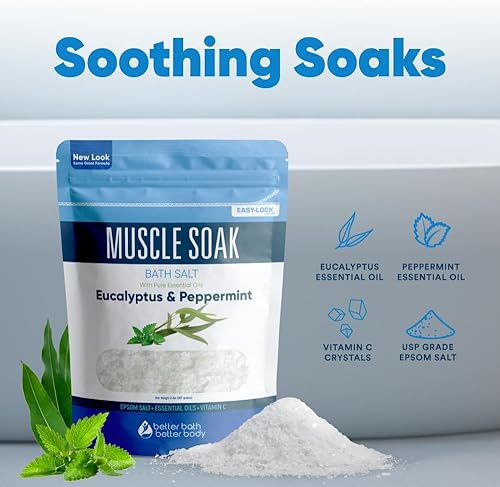 Miniatura 7 de Muscle Soak - Sal de baño de 32 onzas de sal de Epsom con aceites esenciales de menta natural y eucalipto, más vitamina C en bolsa sin BPA con sello