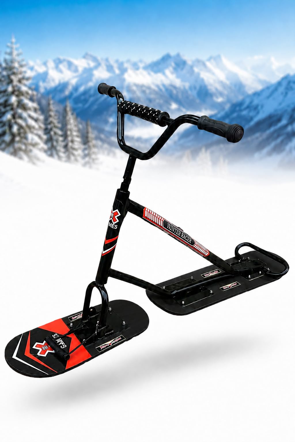 Snowscooter-Schlitten-Ski, Dual-Board-Snow-Skateboard Erwachsene & Teens Mit 360°-Lenkung, Verstärktem Rahmen, 5-Lagigen Ahornholz-Skiern, 100 Kg Tragfähigkeit Skigebiete Pisten Black