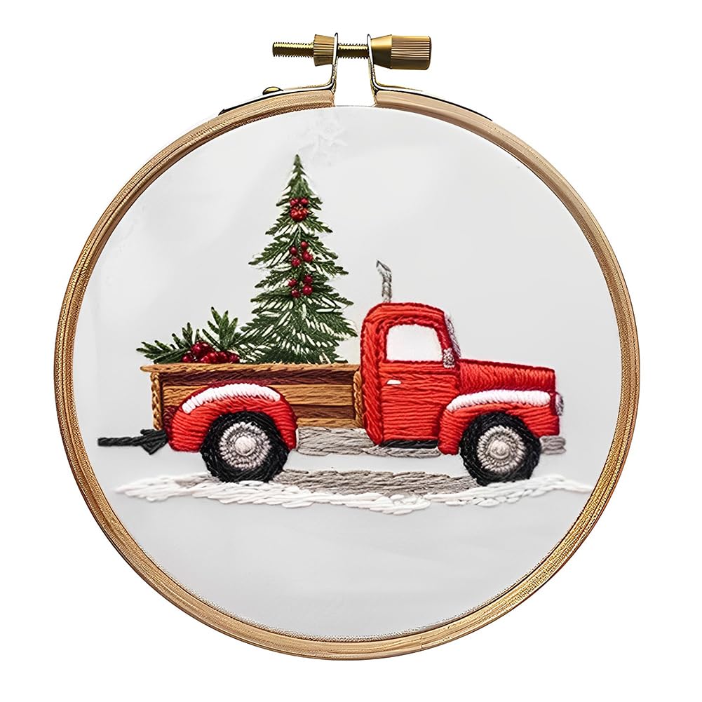 Christmas DIY Cross Stitch Embroidery Kit - Multifunctional Needlepoint Set with Embroidery Hoop, Cloth, Needles & Threads - Handmade Sewing Art Craft for Adults & Beginners (Truck)