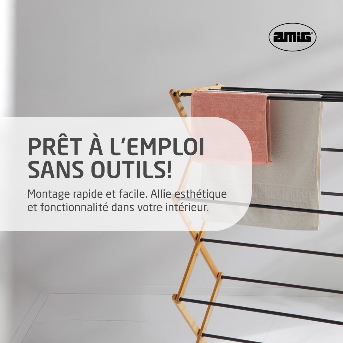 Amig - Étendoir Vertical Type Tour Pliable Mod. Aeria ZenRack - Acier époxy et Bambou - Séchoir à Linge Design Vertical - 5 m d’Espace d’étendage - 54x36x106 cm - Couleur Noir/Bambou