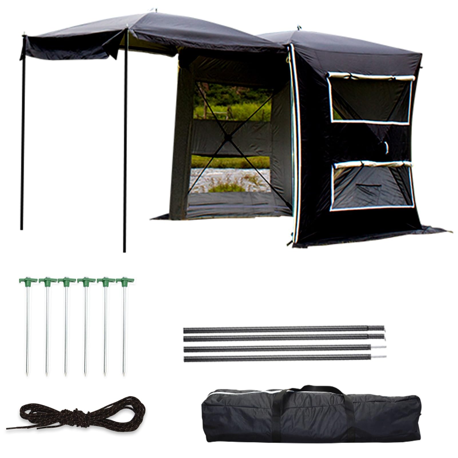 Heckzelt für 3-4 Personen, Freistehend, Eingenähter Zeltboden, Große Fenster, Wasserfest, für Auto, Bus, Minivan, Heckzelt Auto, Auto-Heckzelt, Camping Vorzelt(Noir,Small)