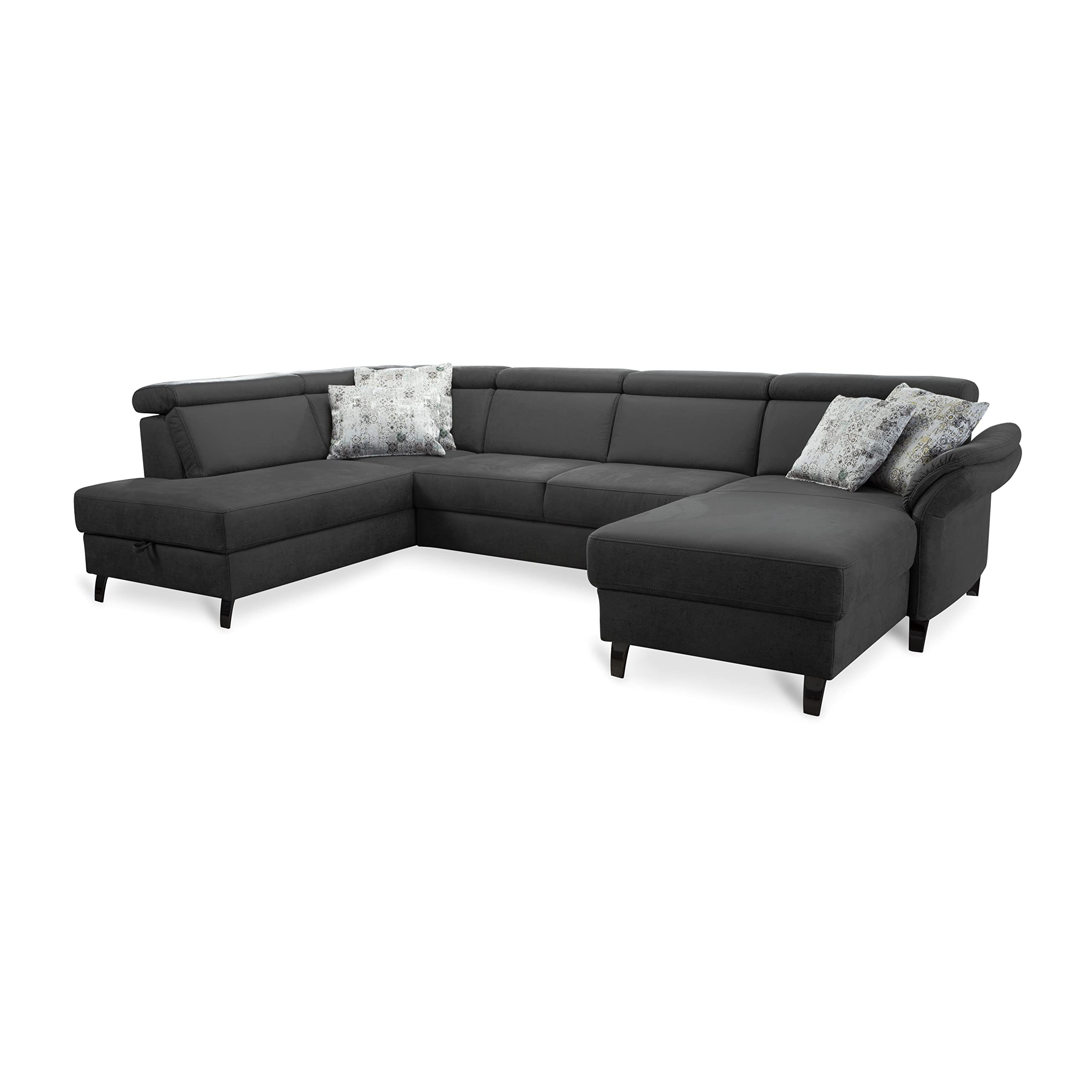 Cavadore Wohnlandschaft Ammerland mit Federkern, Schlafsofa mit Bettfunktion und Bettkasten, inkl. Kopfteilverstellung, 317 x 84 x 193, lederoptik dunkelgrau