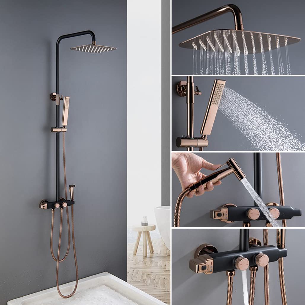 Set Doccia in Oro Rosa, Miscelatore termostatico a Parete, rubinetti per Bagno in Ottone con soffione a Pioggia da 10 x 8 Pollici e doccetta, Sistema di Lusso A（C）