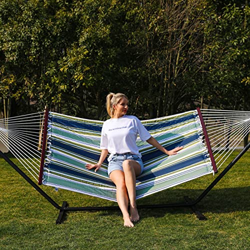 Heng Feng Double Hammock With Stand Included,2 Person Portable Outdoor Hammock With Hardwood Spreader Bar,Max 475Lbs Capacity, Blue & Aqua #TOP1