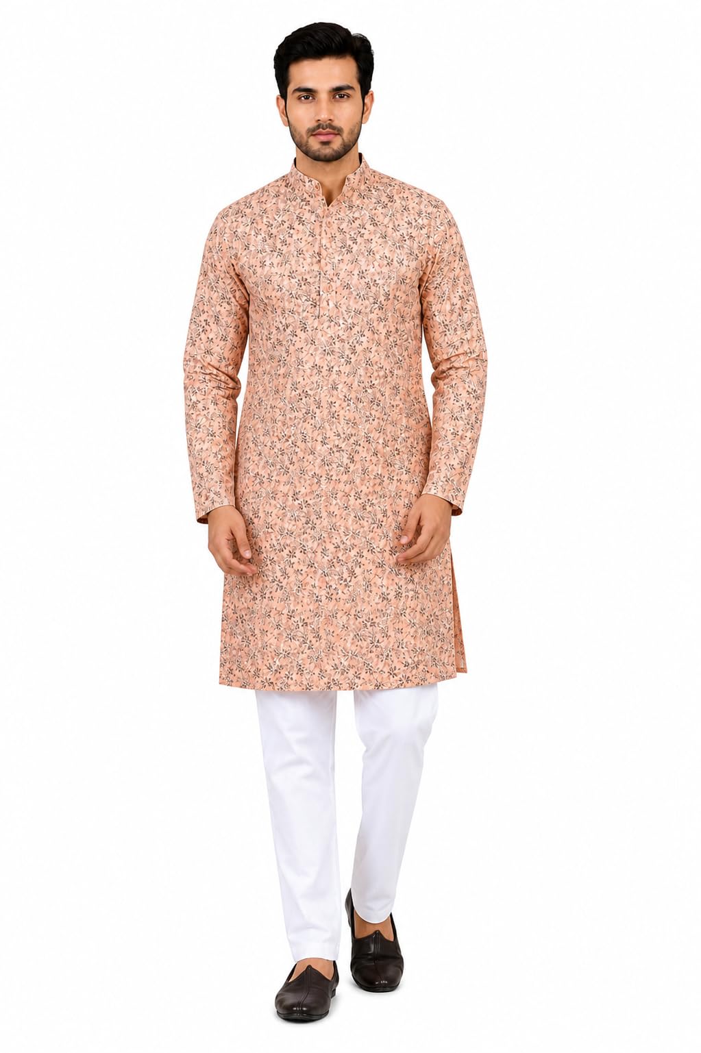 Men's Printed Kurta with Pyjama Set, Peach Floral Print, Cotton Blend, White Pyjama, Traditional Ethnic Wear for Festive Occasions-picture-56