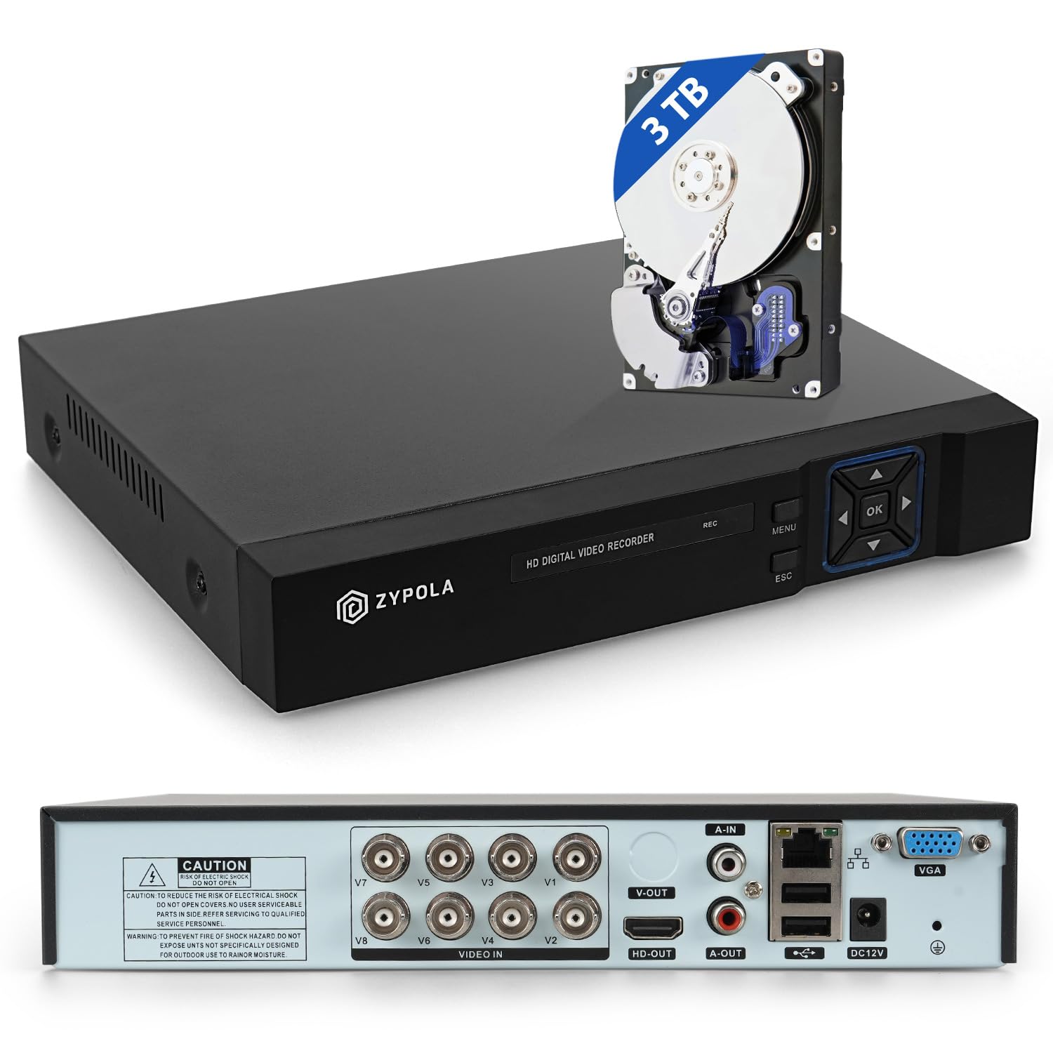 Zypola® 1080p 8 Channel Hybrid CCTV DVR Recorder, H.265, Remote Access, HDMI & VGA Output, Supports CVBS/TVI/AHD/CVI/IP Cameras, Pre-Installed 3 TB Hard Drive