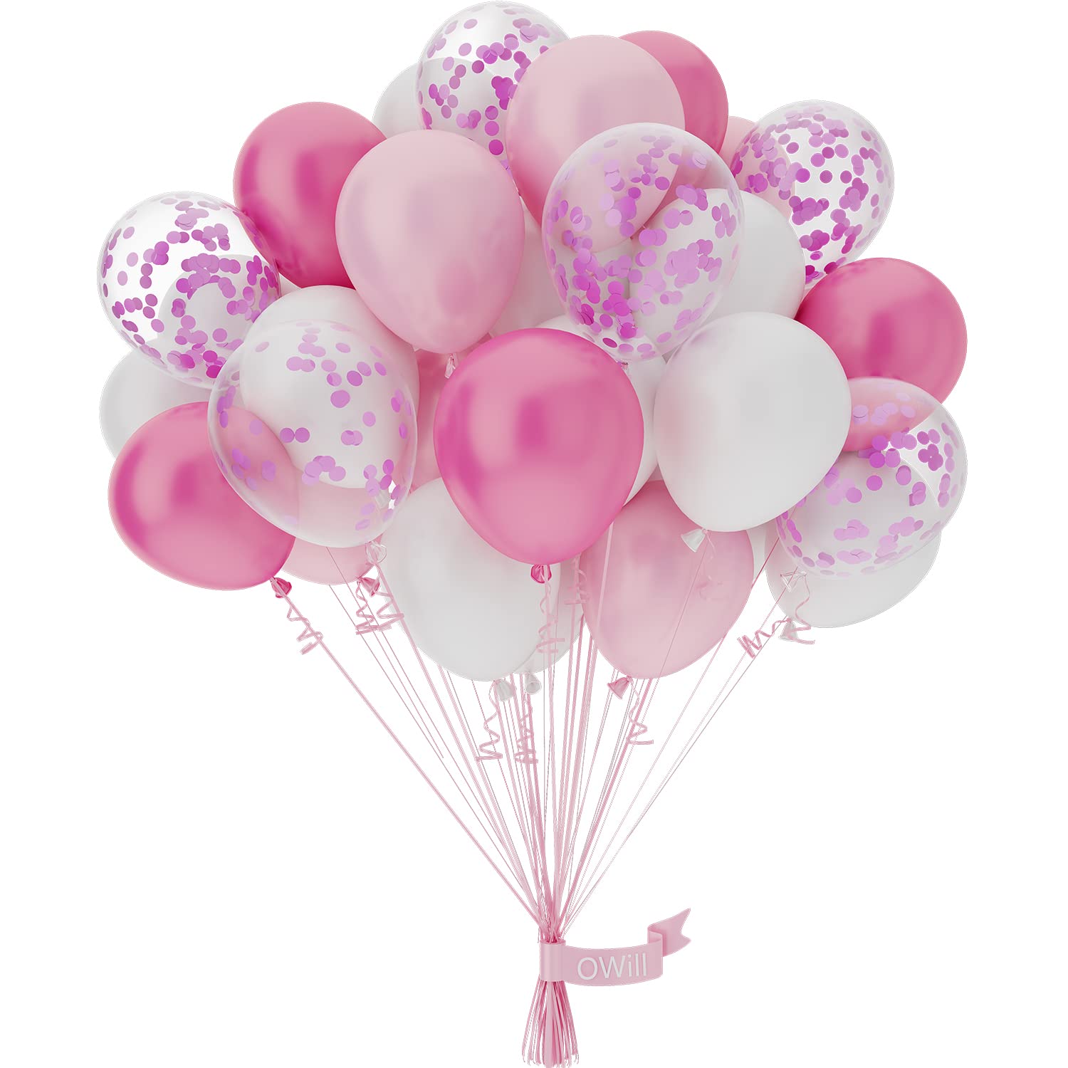 Set 60 Palloncini - Rosa, Bianco E Coriandoli, Lattice Naturale, Per Compleanni E Feste - Foto 5