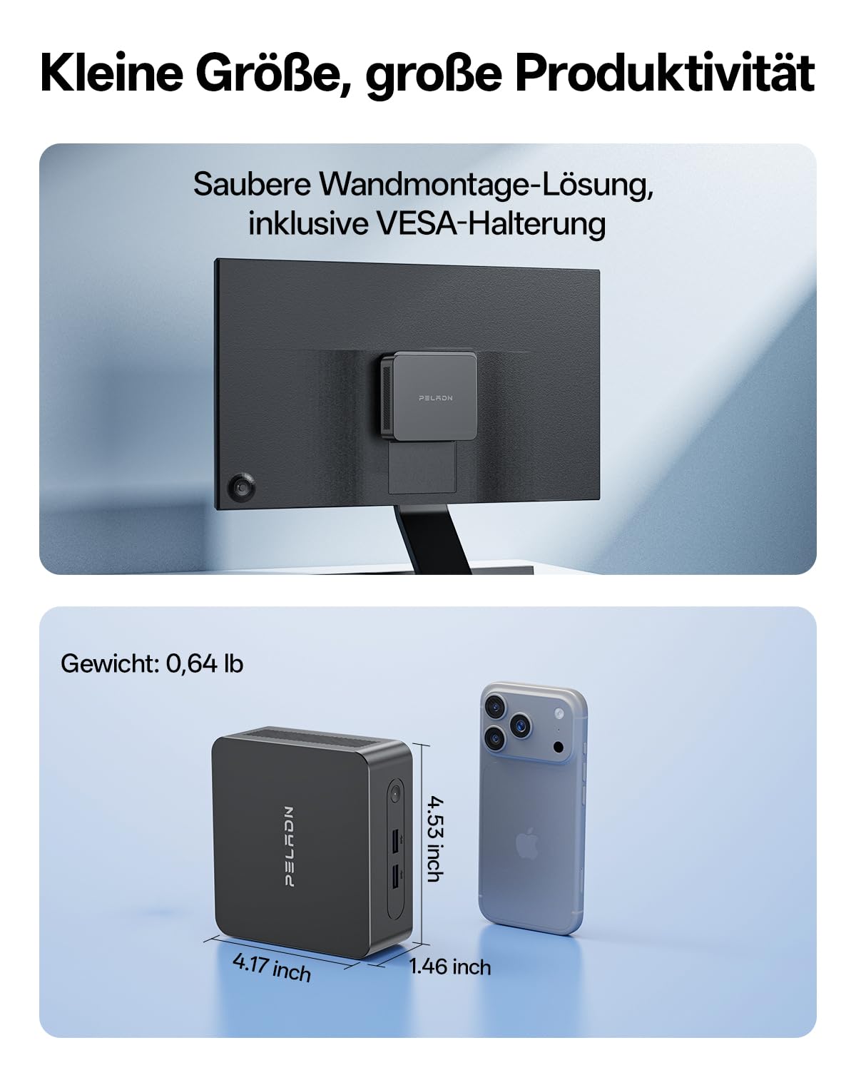 PELADN WI7 Business Mini PC, Intel 7505, 8GB LPDDR4, 256GB SSD | N100/N150-Alternative, SSD bis 4TB, 5× USB, 3× 4K, Type-C/HDMI, Wi-Fi 6, BT 5.3, 3 Jahre Garantie für Zuhause und Studium