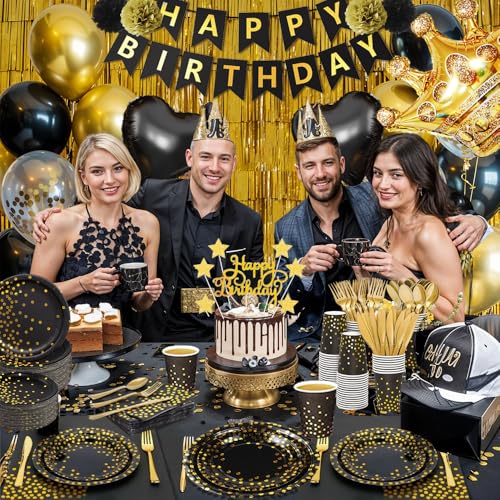 Kit de decoración de fiesta dorada y negra con 50% de descuento