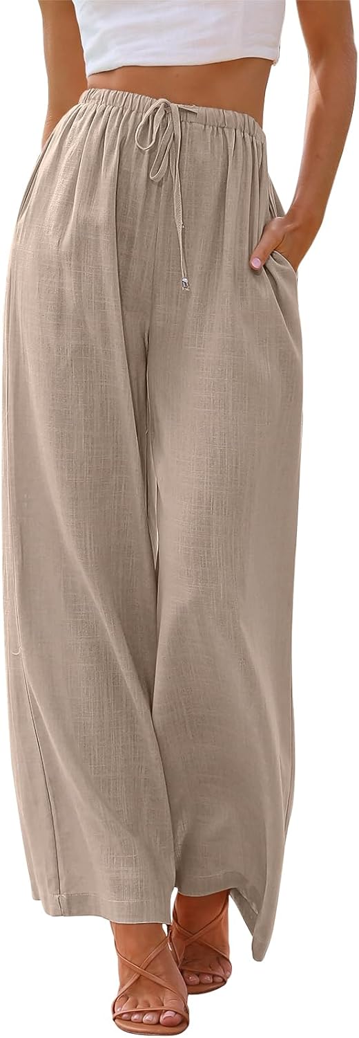 Womens linen wide leg beach pants with pockets for summer
