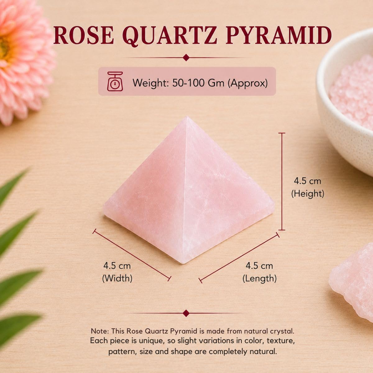Rose Quartz Crystal Pyramid for Meditation, Reiki & Feng Shui (50-100 Gm) | Vastu Decorative Showpieces for Spiritual Decor & Housewarming Gift | Healing Crystal Stone for Love & Emotional Healing 1
