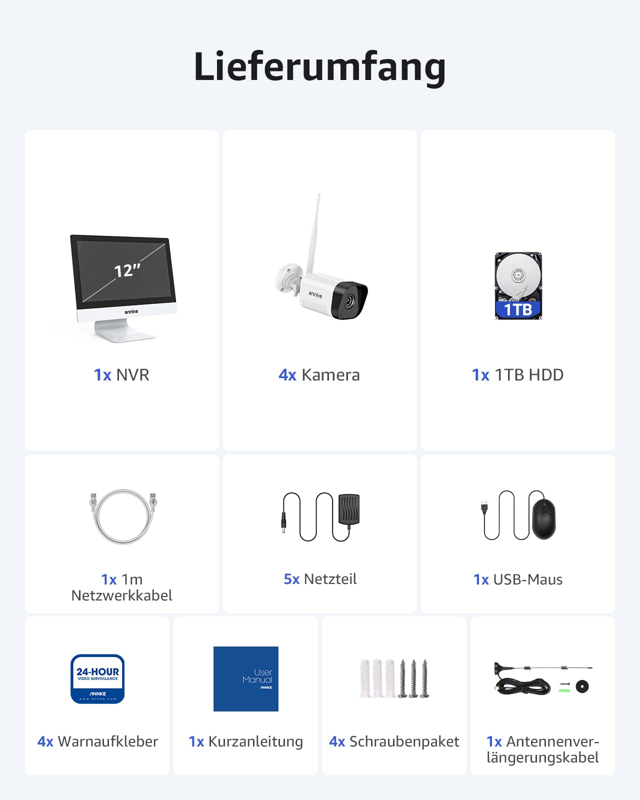 ANNKE 3MP Kit de Caméra de Surveillance avec Moniteur, 12" Moniteur NVR Système de Caméra de Surveillance avec 4PCS Caméras WiFi 3MP, Audio 2 Voie, Reconnaissance de Personne, 30M Vision Nocturne