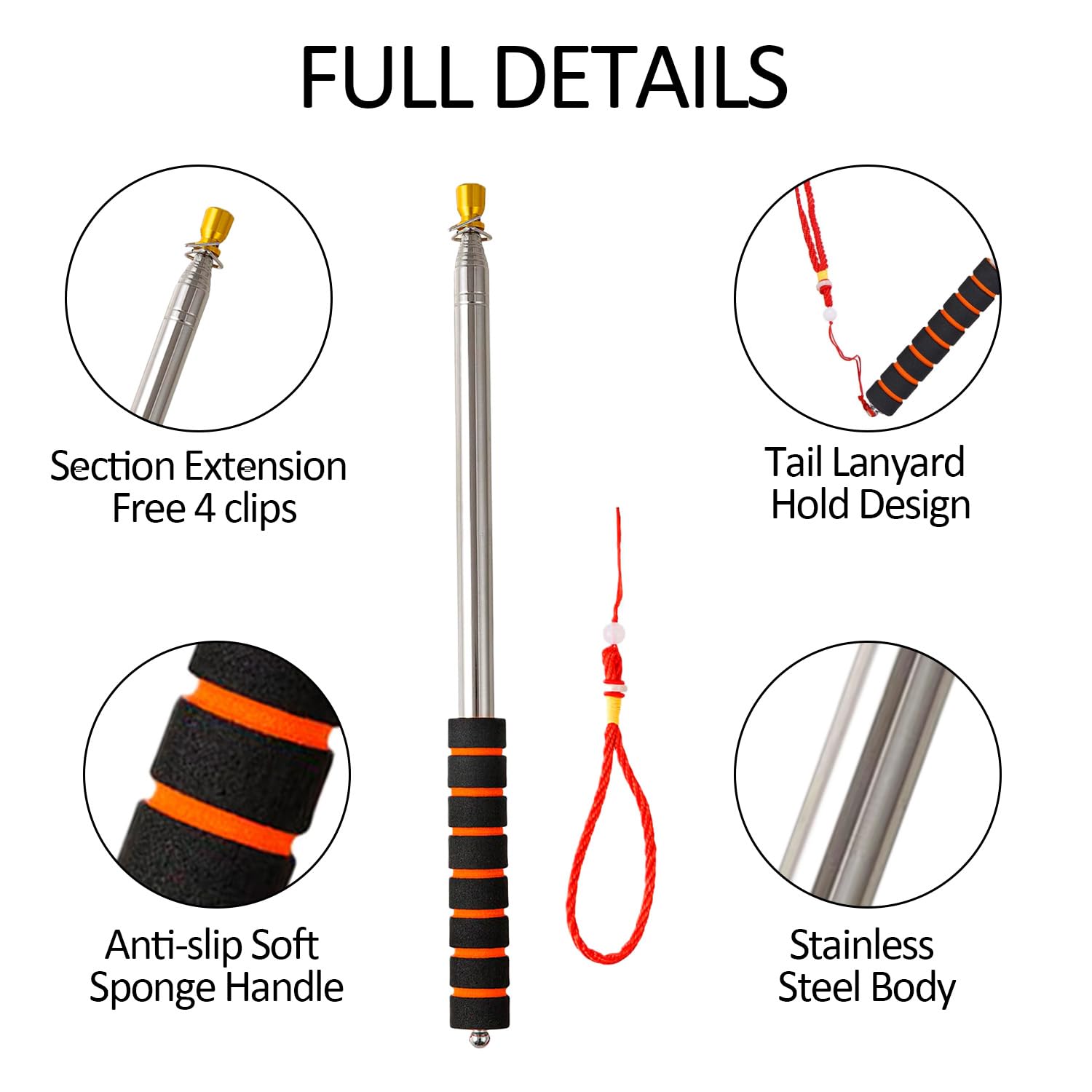 Cipszoely 8.2FT Telescopic Flag Pole Portable Handheld Flag Poles with Clips Stainless Steel Extendable Flag Pole with Anti-Slip Grip for Tour Guide Teaching Festival Parade - Image 3