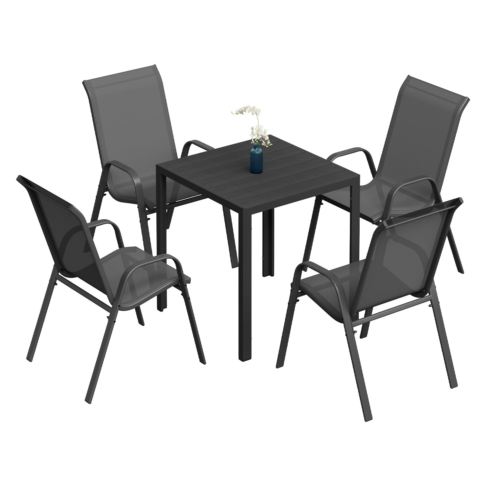 WOLTU Sillas de Jardín, Juego de 4 Sillones Apilables de Exterior, Respaldo Transpirable, Sillas para Terraza Patio Balcón, Estructura de Metal, Gris Oscuro