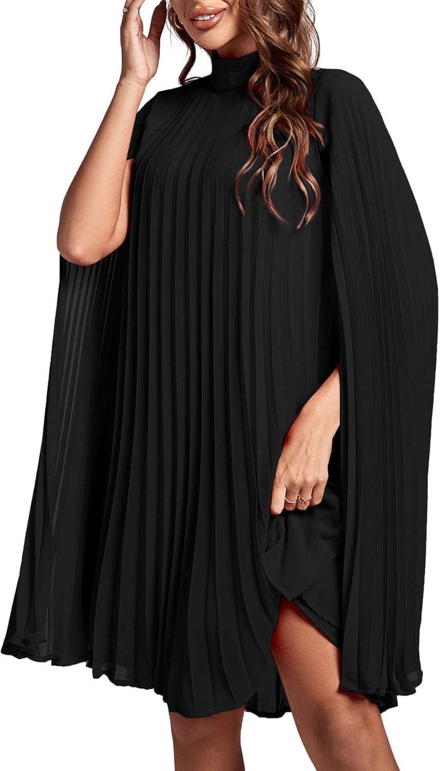 Rooscier Women's Mock Neck Cloak Sleeve Pleated Keyhole Back Flowy Party Midi Dress - Image 4