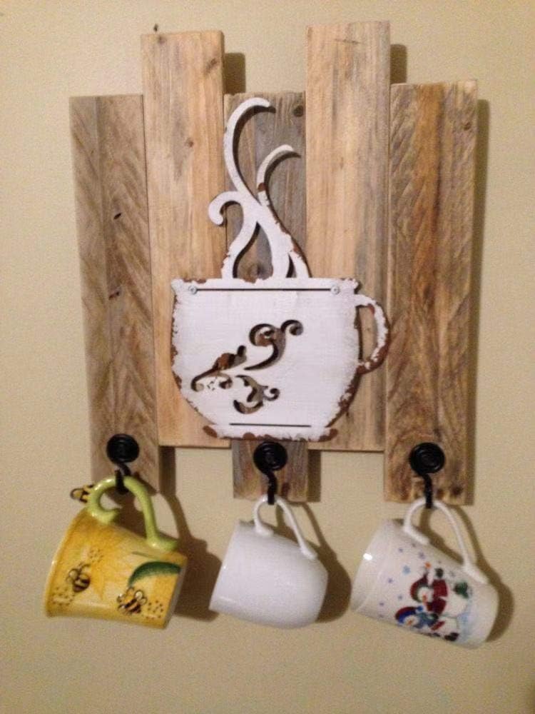 CraftyCrocodile Coffee Cup Wall Decor - Metal Cafe-Themed Decorations - Set of 4 Red, Turquoise, Yellow, & White Vintage Mug Art - Decorative Kitchen, Dining Room, Restaurant, Coffee Shop Accessories