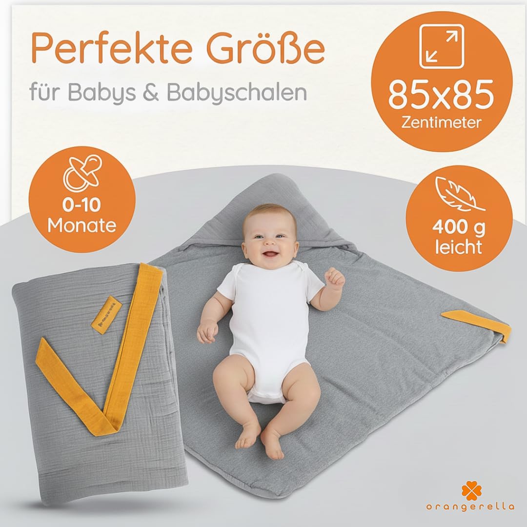 Einschlagdecke Babyschale | Babydecke für Kinderwagen Kindersitze oder Buggy | 100% Baumwolle | Kuscheldecke mit Kapuze | 85 x 85 cm