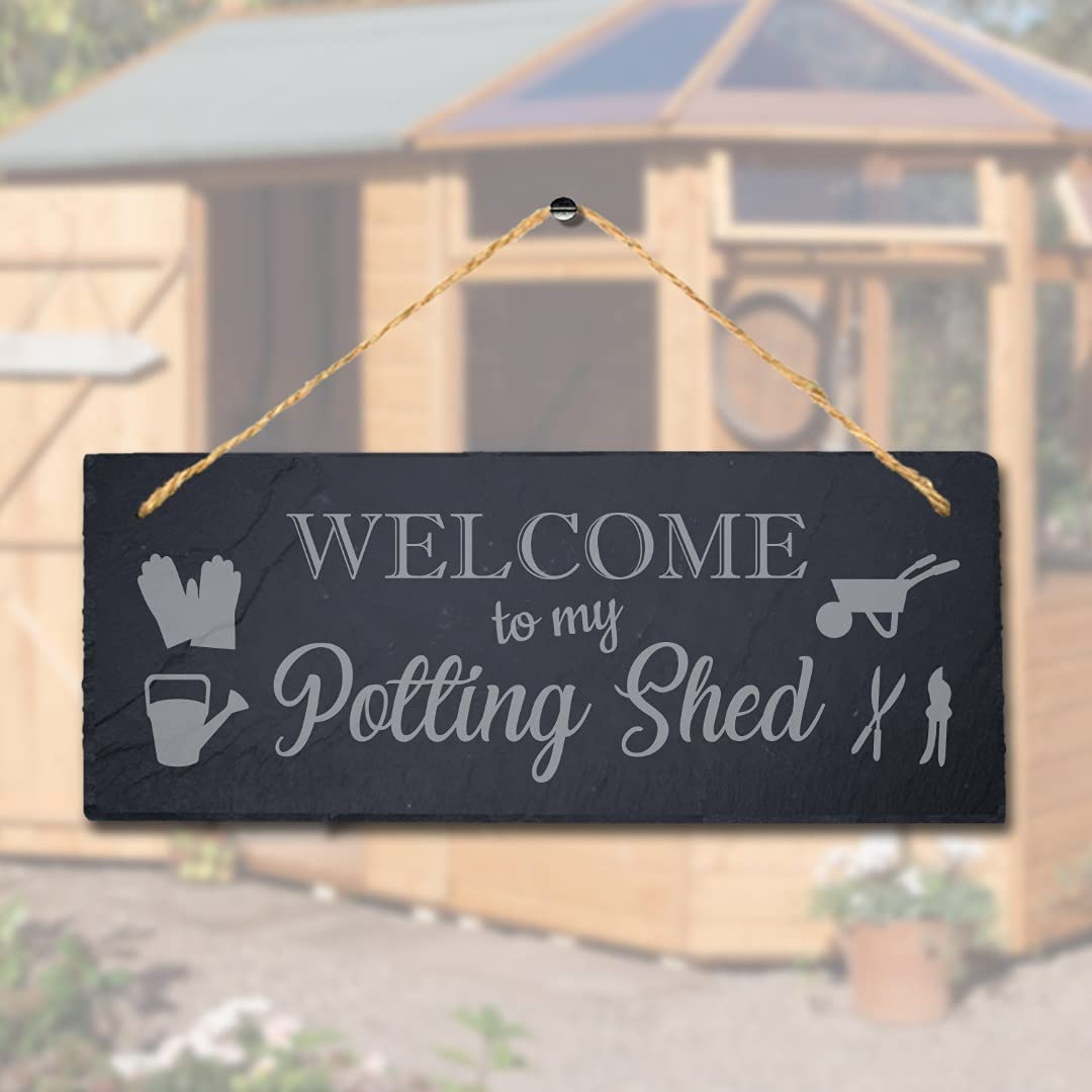 Stukk Natural Engraved Slate Stone Plaque Welcome To My Potting Laser Hanging Home Shed Sign, 30X12cm (Large)
