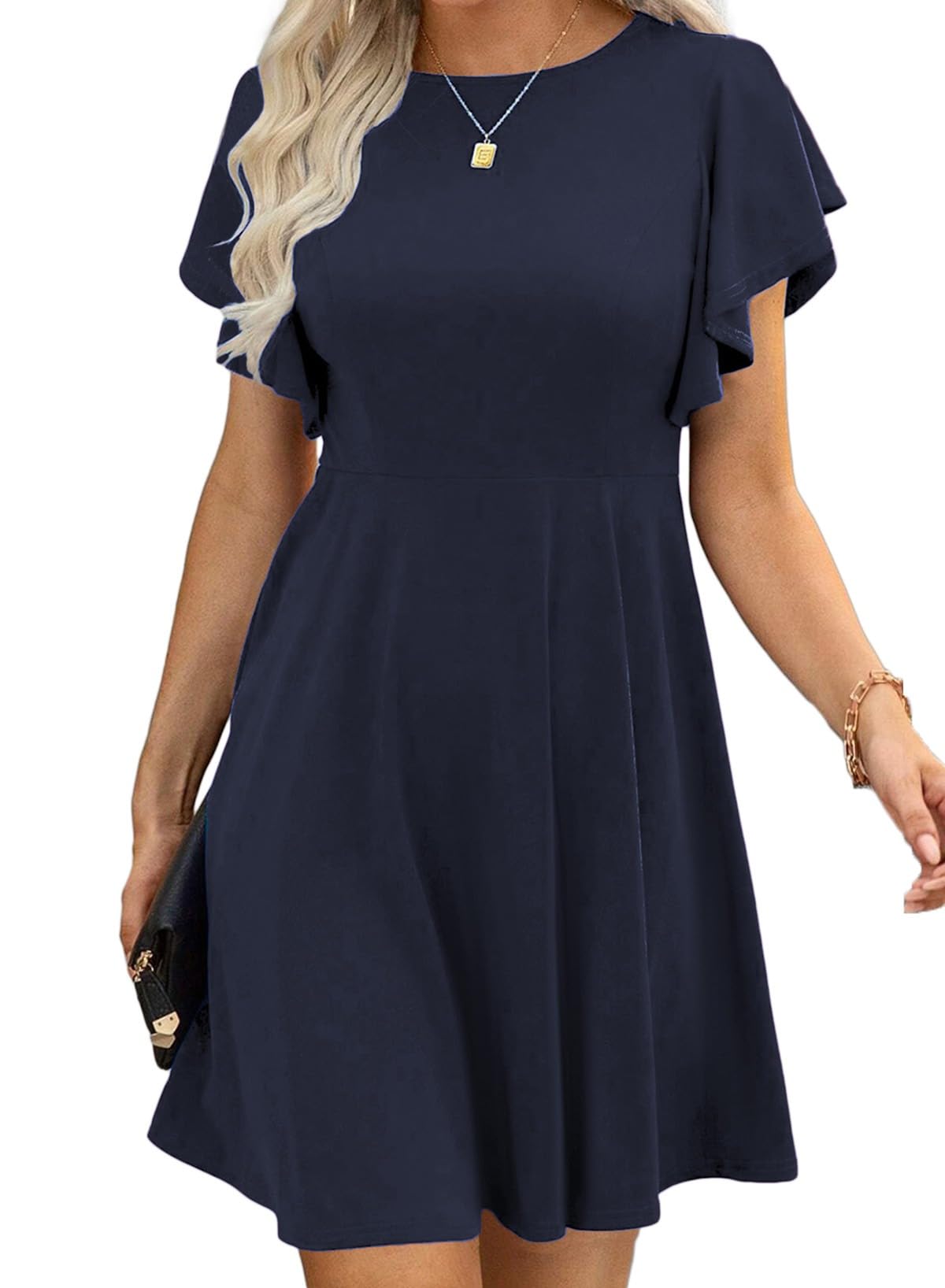 Happy Sailed Cocktail Dresses for Women Spring Summer Ruffle Sleeve Crewneck High Waist Flowy A Line Mini Dress