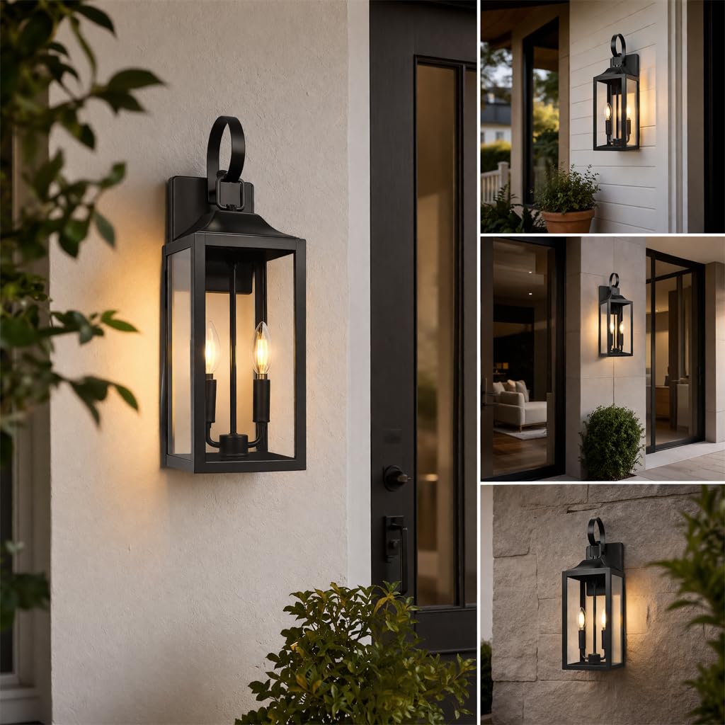 Lampada da Parete per Esterno Nera, Applique Moderna con Vetro Temperato Trasparente, IP65 Impermeabile Antiruggine, Alluminio Pressofuso, Attacco E26, per Ingresso