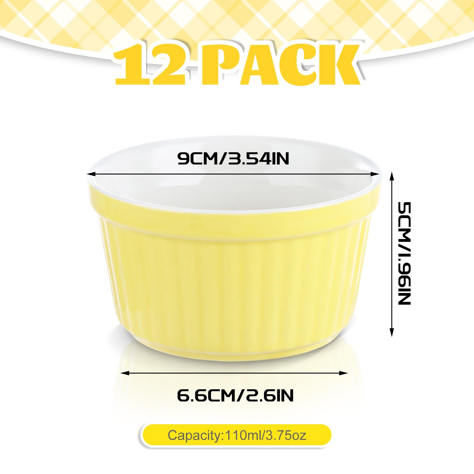 Lot de 12 ramequins en porcelaine jaune à rayures pour soufflé, confitures, cupcakes, crème pâtissière, pudding, muffins, crème glacée – 9 x 5 cm