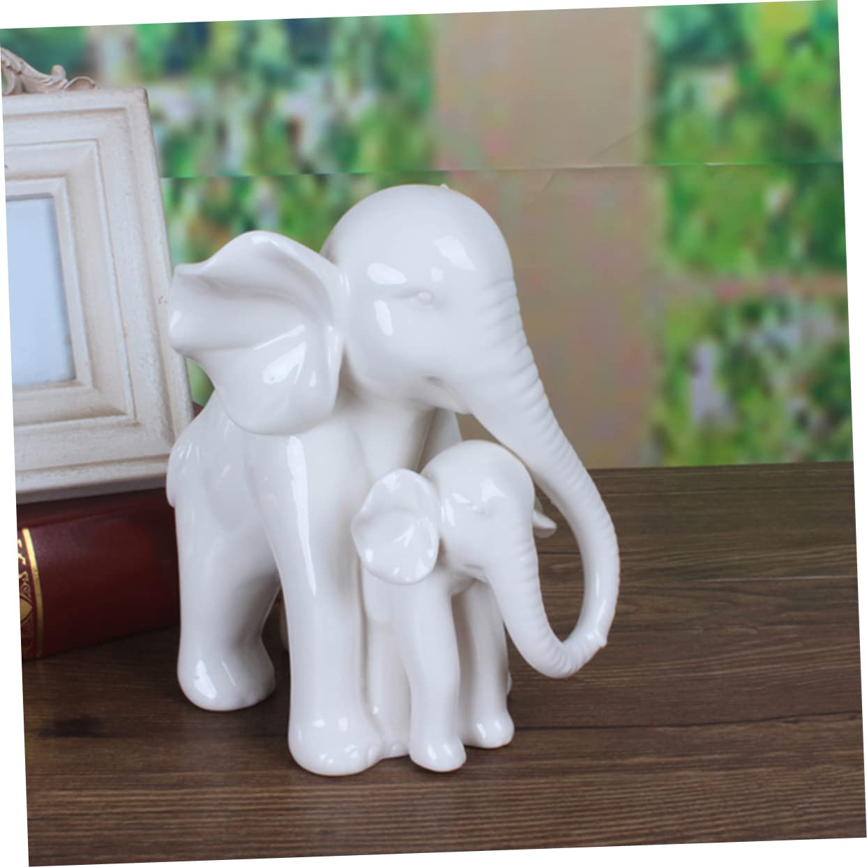 Didiseaon Estatua de Elefante Madre y Cría de Cerámica White