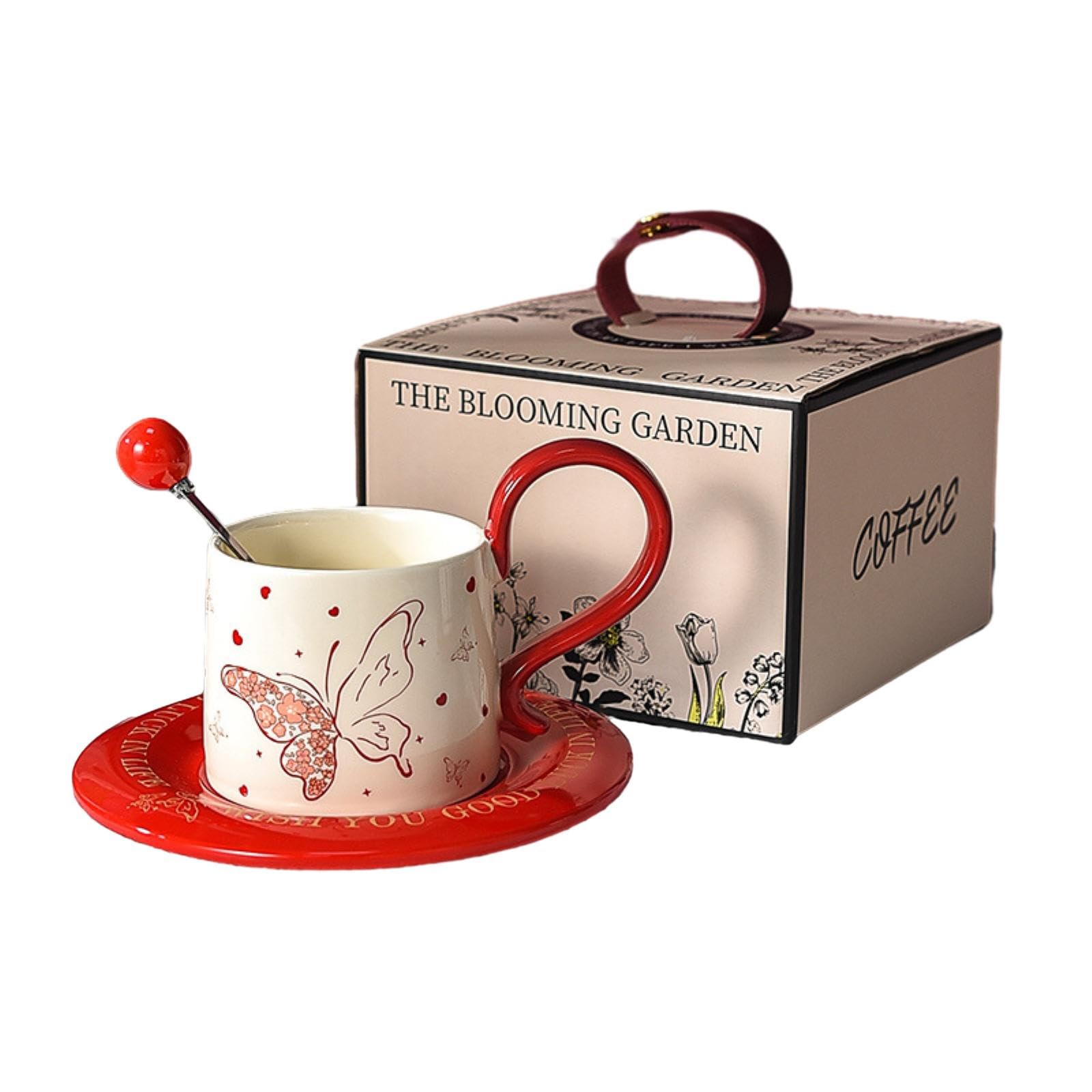 Taza de café de té rojo de la tarde de 280 ml con cuchara, taza para beber doméstica, mariposa roja, 280 ml