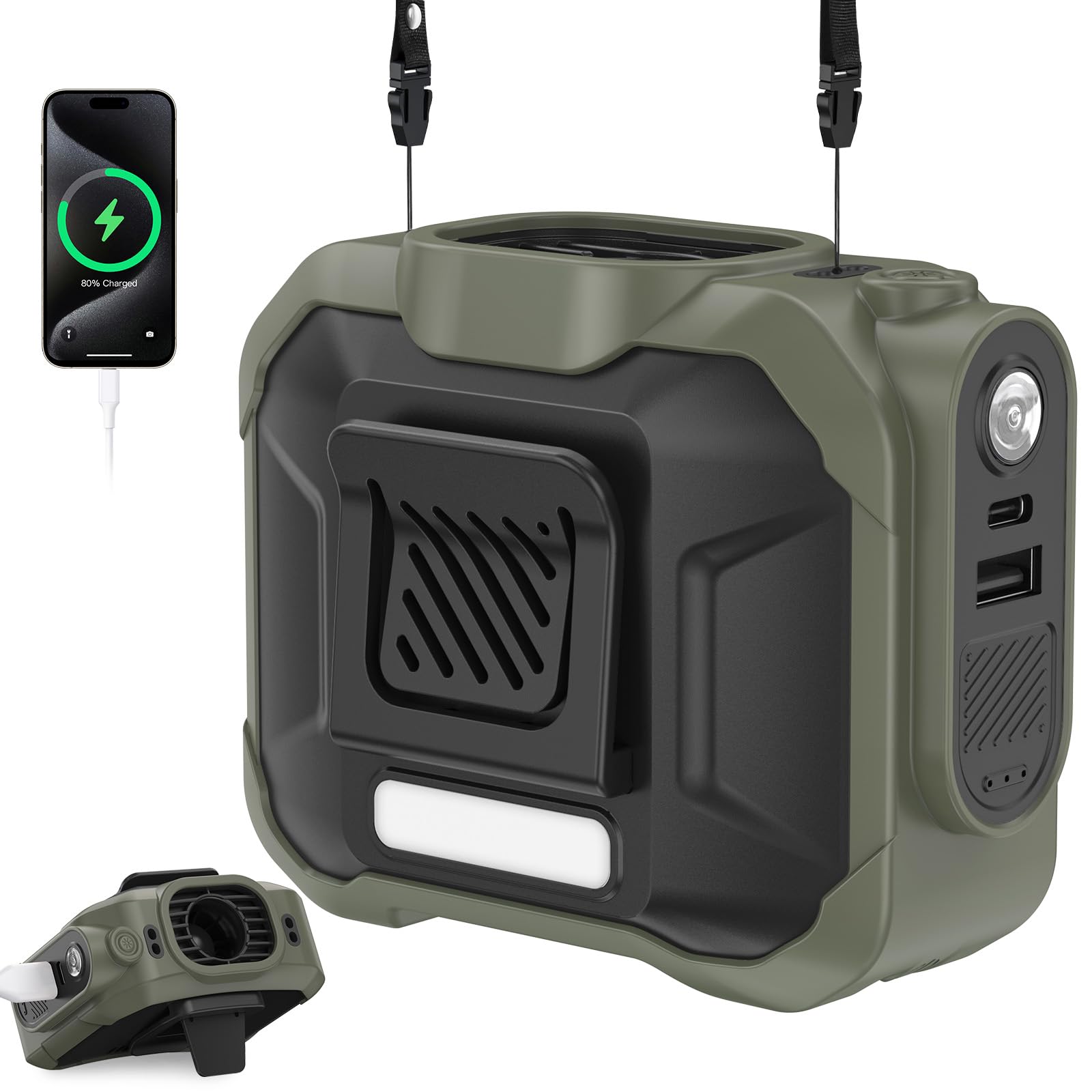Rintea Ventilateur portable avec clip en vie, 10000 mAh, ventilateur USB, 3 vitesses, mini ventilateur portable avec éclairage, pour bouffées de chaleur, voyage en plein air, camping, vert