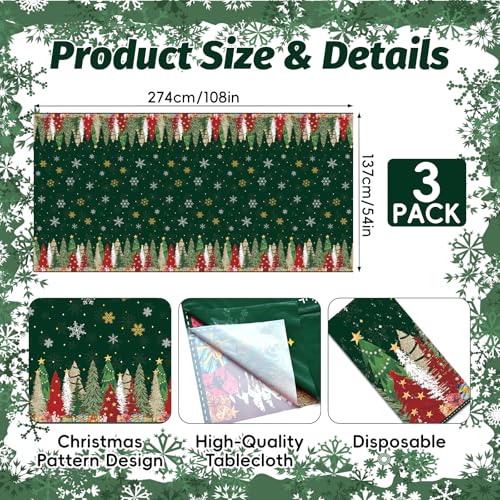 Image of Gistome 3-Piece 54 x 108 Inch Christmas Tree Plastic Tablecloth - Festive Green Holiday Disposable Table Cover for Winter Parties, Christmas Dinners, and Indoor Outdoor Decorations