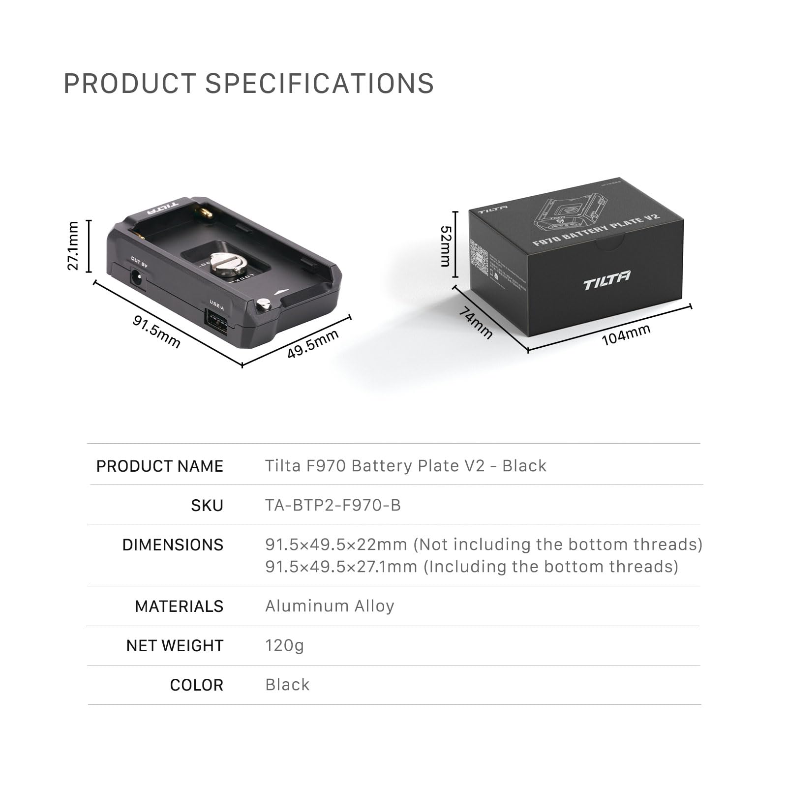 Tilta Placa de batería F970 V2 - Negro | Universal | Anti rotación | Accesorios de alimentación | USB-C de doble dirección | Indicador de batería | TA-BTP2-F970-B