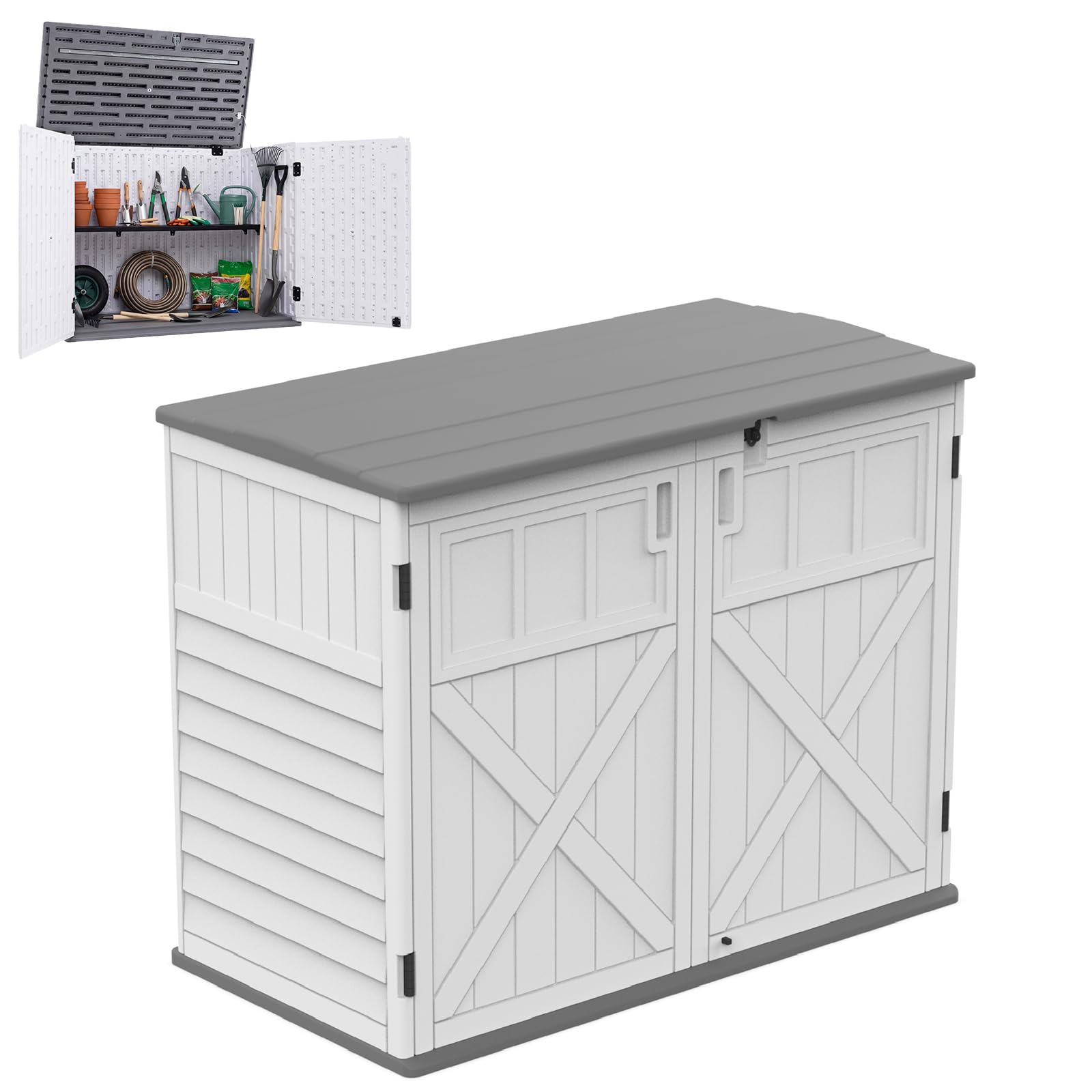 GYMAX Coffre de Rangement de Jardin Imperméable HDPE, 2 Étagères, Couvercle Relevable Verrouillable, Armoire Extérieure, 118 x 63 x 94 cm