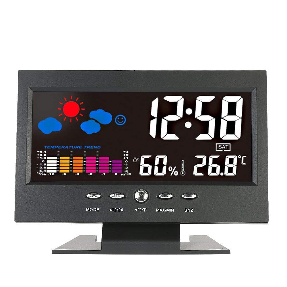 MAXXLITE Temperature Humidity Colour Screen Clock, Weather Projections, LCD Backlit Sound Activated Weather Clock, Built-in Temperature Sensors,Gradual Ringing Snooze Mode, Date Function 12/24h Mode