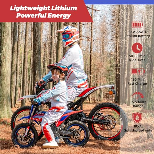 RFN E500 36V Kids Electric Dirt Bike, Electric Motorcycle with 700W Motor | 21.7 mph Max Speed, 15.5-Mile Range & 3 Speeds Off-Road Bike for Ages 4-8