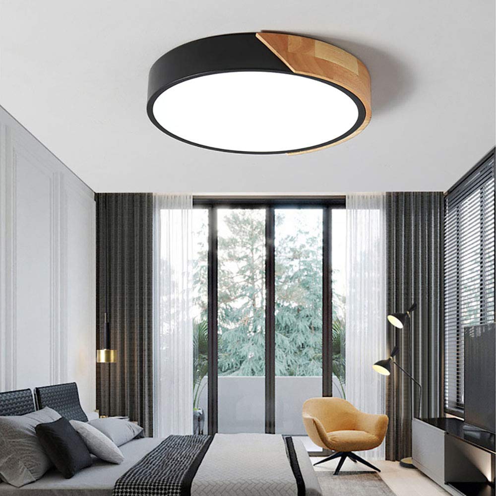 Led De Madera Lámpara De Techo Fxture Moderno Con Control Remoto Negro Plafon Led Techo Montaje Empotrado Interior Redondo Plafon Led Techo Para Dormitorio Baño Sótano Salón-Luz blanca cálida 30cm