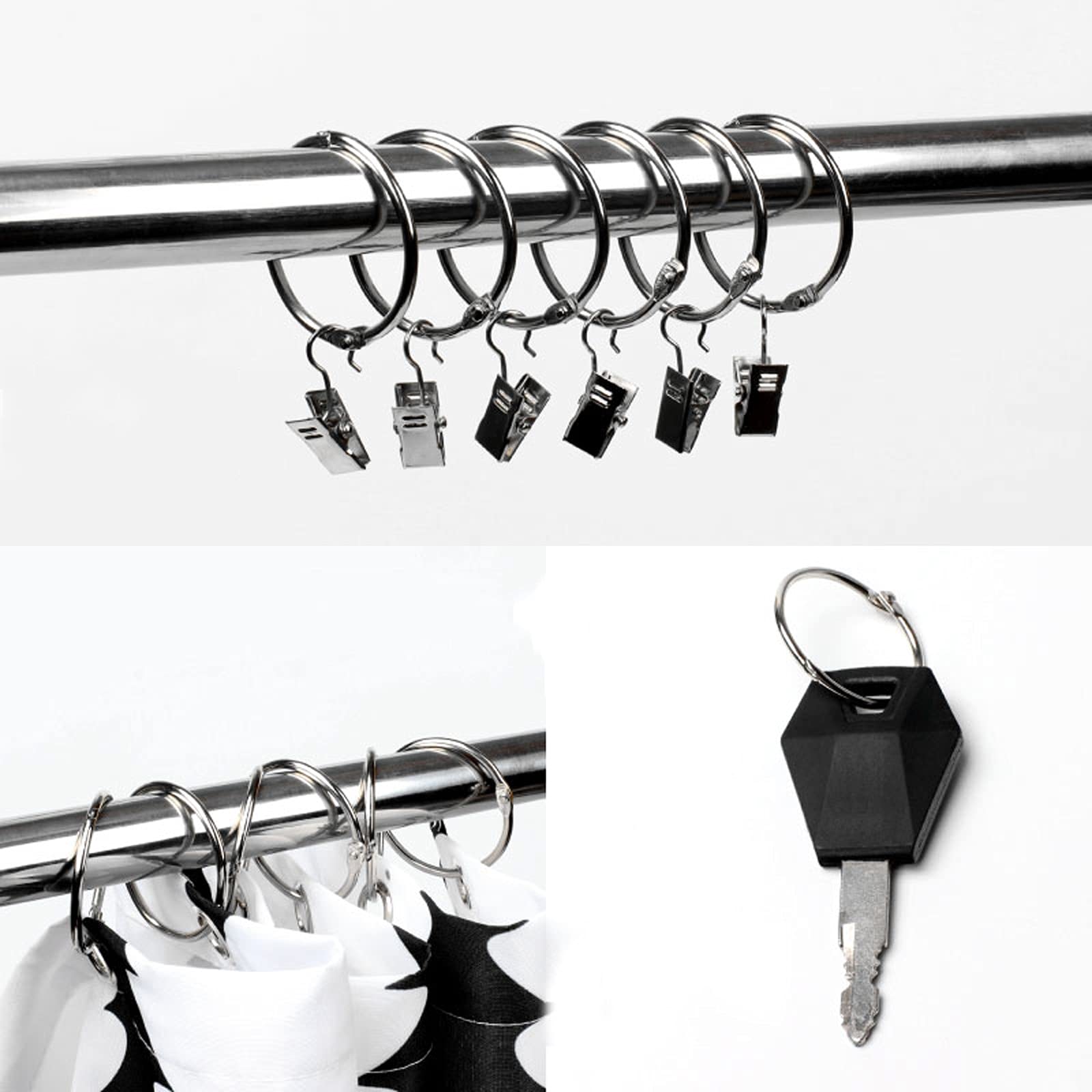 Anelli per tendaggi 20 pezzi Anello per tenda da doccia grande Drappo in metallo Anelli con occhielli scorrevoli Anello per tendaggi apribile Adatto per asta per tende (Argento)