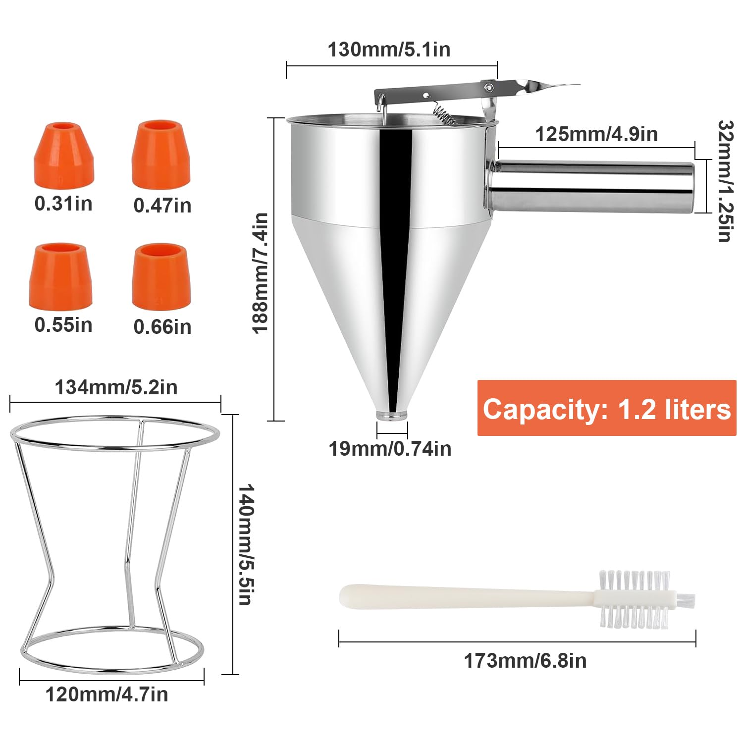 Dispenser per Pasta, Dispenser per Pasta per Pancake in Acciaio Inossidabile, Dispenser per Pasta, porzionatore per Pasta, Apertura di dosaggio in Acciaio Inossidabile da 1200 ml e 4X imbuti
