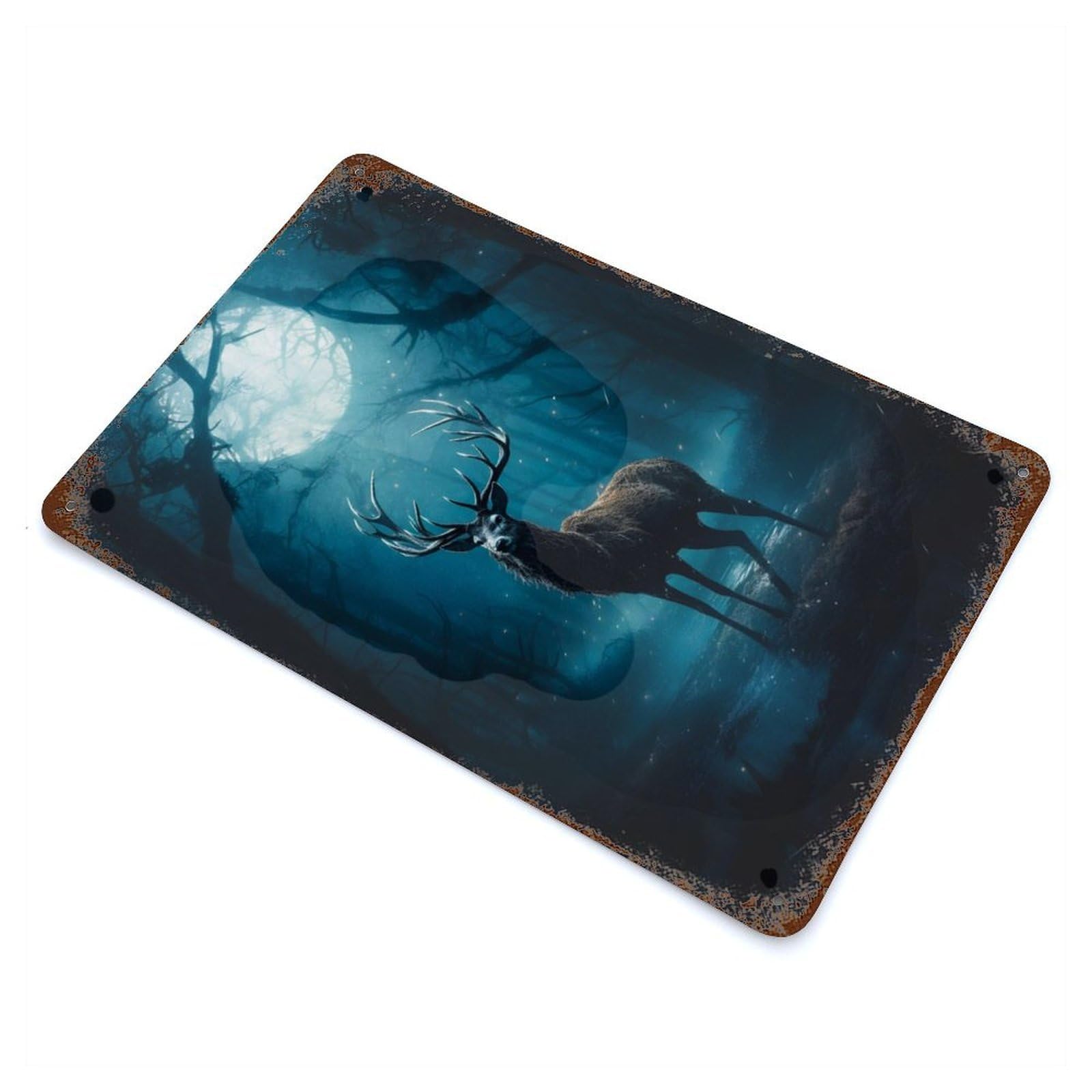 Deer in Moonlight Vintage Wall Sign 11.8"x7.9", Rust Effect Metal Decor for Cafe, Home Bar And Lounge Decor