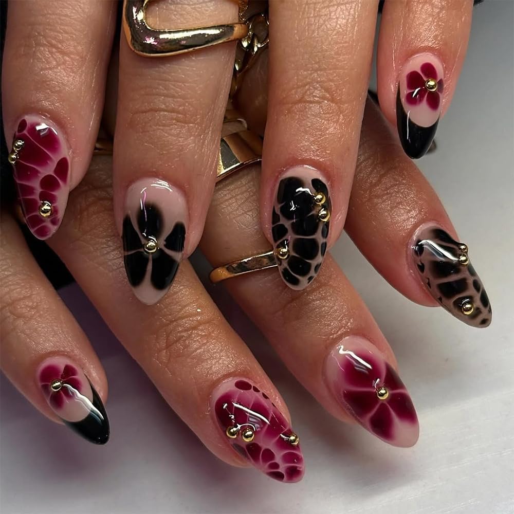 French Press On Nails Short Almond Shape, Fall Fake Nails Adorned with Black and Burgundy Petal Accents, 3D Design, Glossy Gel Finish Acrylic Nails,
