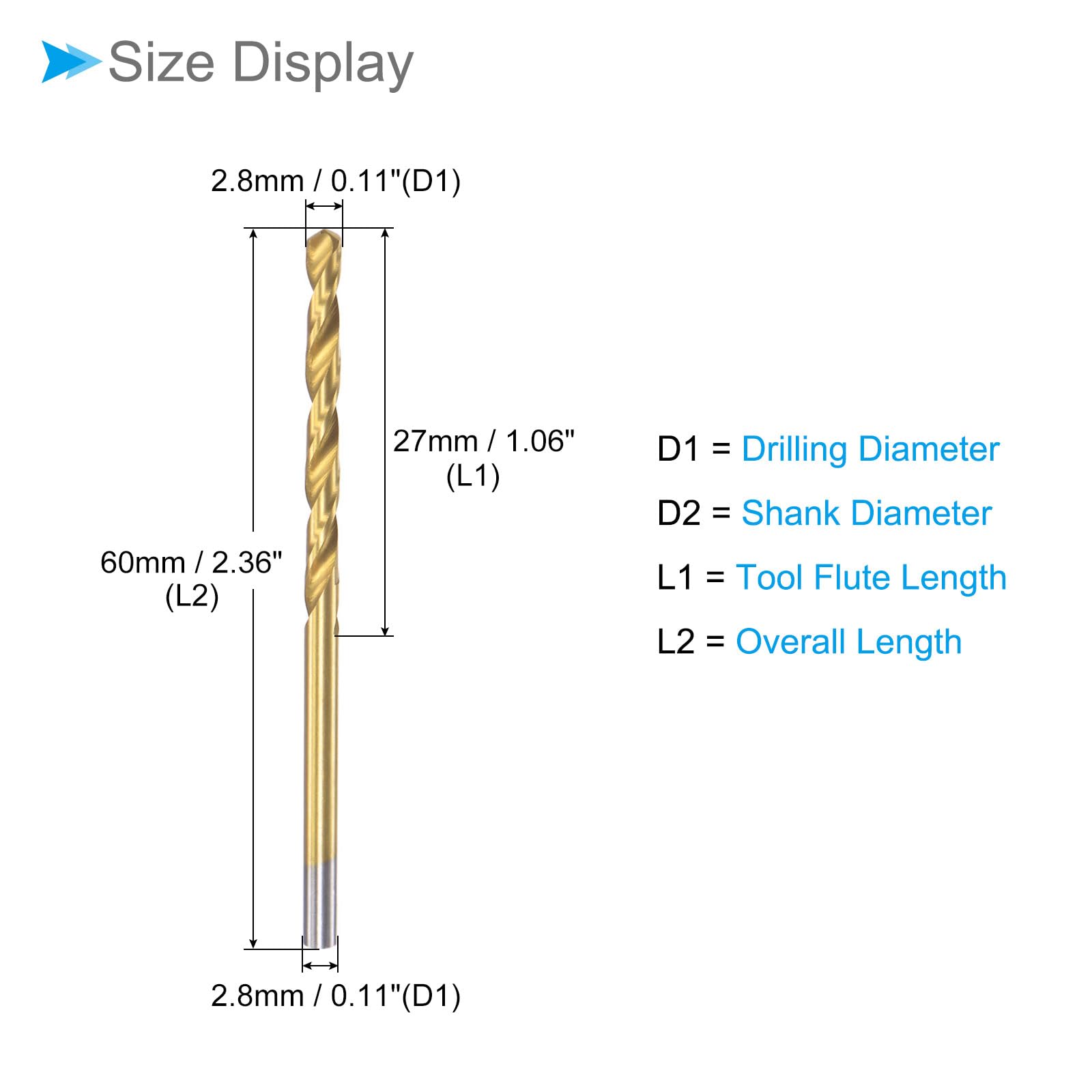 CoCud Twist Drill Bits, 2.8mm Drilling Diameter, Titanium Coated High Speed Steel 6542 Straight Round Shank - Image 2