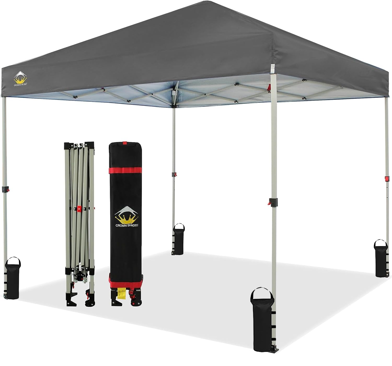 CROWN SHADES 8x8 Pop Up Canopy - Beach Tent with One Push Setup - Easy Outdoor Sun Shade for Events, Parties, Camping - Gazebo with STO-N-Go Cover Bag, Silver Coated Top, Grey
