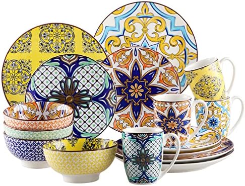 vancasso Jasmin Patterned Dinner Set - 16 Pieces Porcelain Dinnerware Set Moroccan Crockery with 10.6 inch Dinner Plate 8.3 inch Dessert Plate 6 inch Bowl and 10.6 oz Mug, Service for 4
