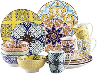 vancasso Jasmin Patterned Dinner Set - 16 Pieces Porcelain Dinnerware Set Moroccan Crockery with 10.6 inch Dinner Plate 8.3 inch Dessert Plate 6 inch Bowl and 10.6 oz Mug, Service for 4