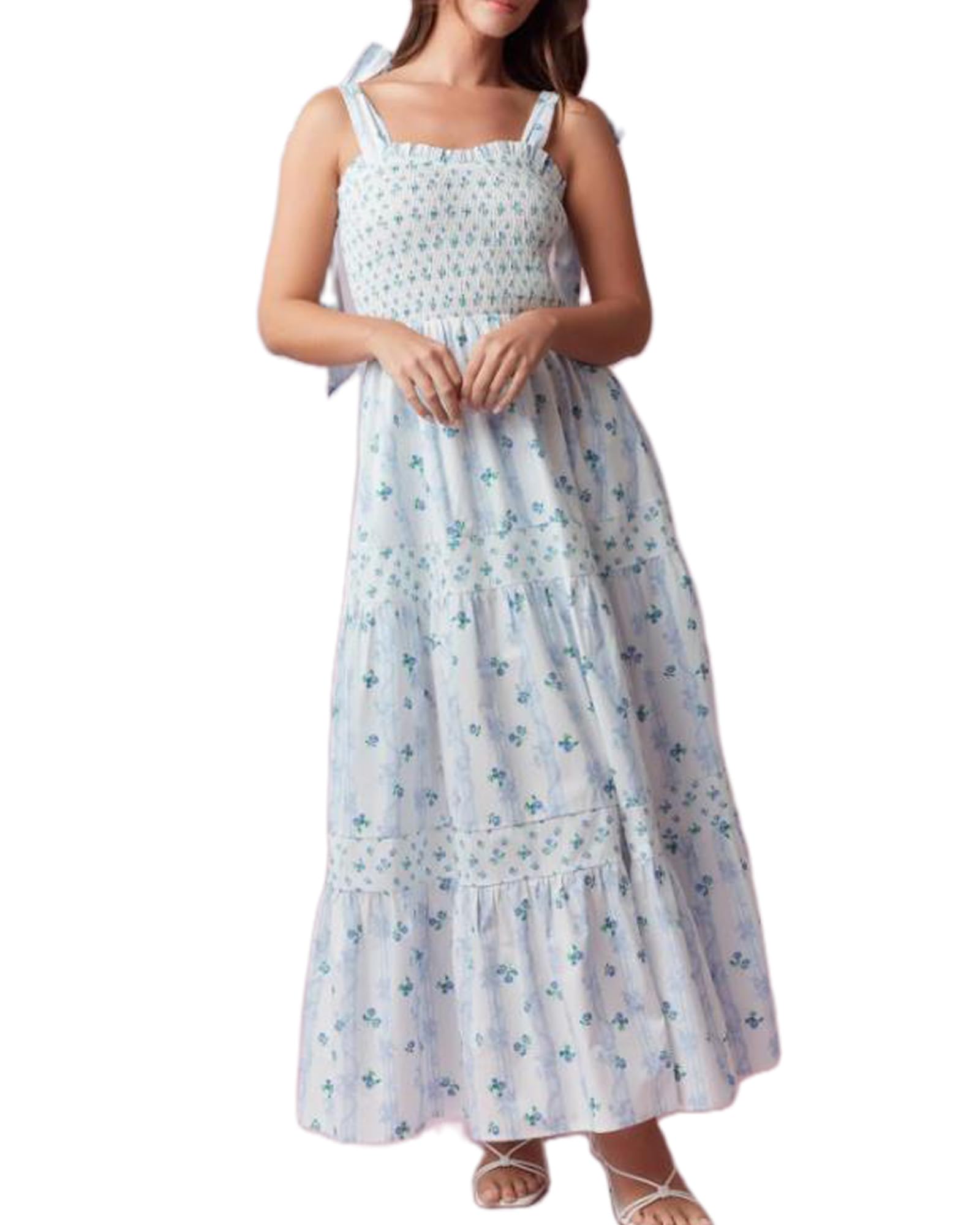 Acrawnni Women's Summer Maxi Dress Sleeveless Tie-Up Shoulder Straps Boho Floral Print Smocked Flowy Dresses Y2K Floral Beach Sundresses (G-Blue, L)