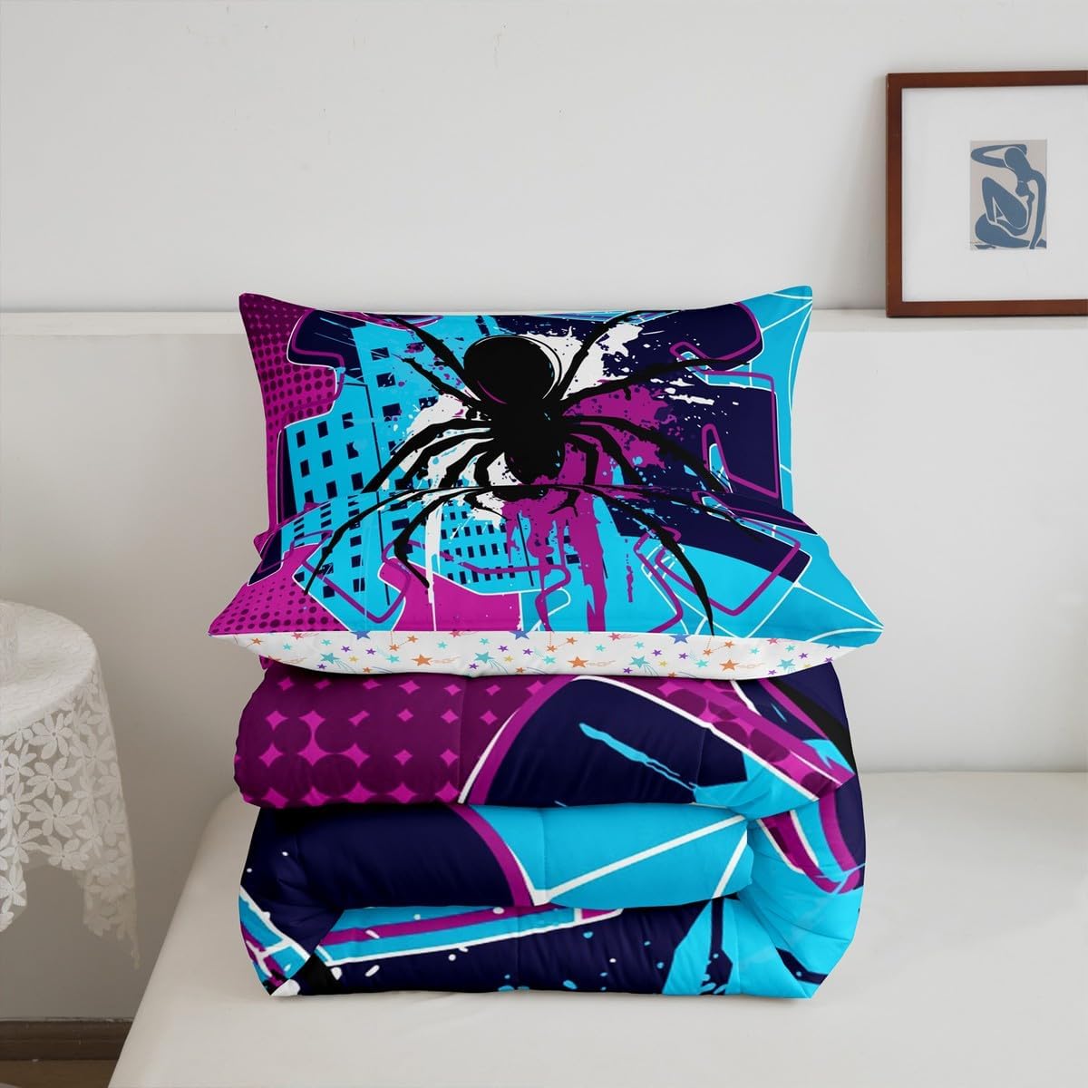Black Spider Kids Comforter Set King Size,Spider Web Arachnid Insect Animal Bedding Set,Boys Girls Woman Man Room Decor,Happy Halloween Modern Quilt Comforter,Pink Blue Duvet Insert,2 Pillowcases